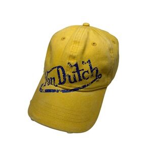 Von Dutch Yellow Distressed Baseball Cap Blue Logo Adjustable Dad Hat Cotton